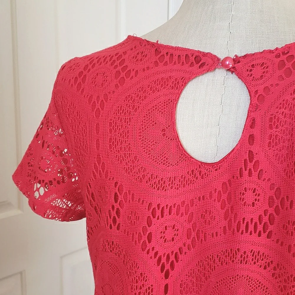 VINTAGE 90's Coral Red Crochet Lace Short Sleeve Shift Dress Tunic SMALL